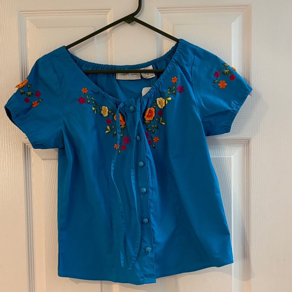 Blue Embroidered Women's Flowery Top
